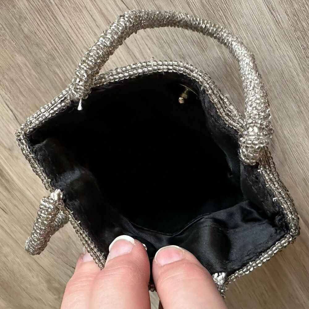 Fancy Square Sequin & Seed Beaded Handbag Shiny Black Gray Silver Satin Lining - Picture 5 of 6